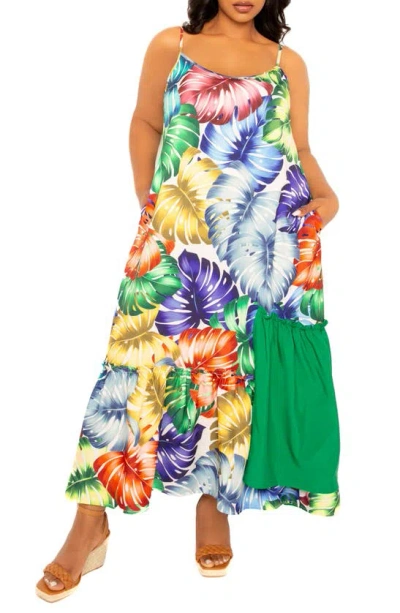 Buxom Couture Palm Print Blocked Maxi Sundress In Green Multi