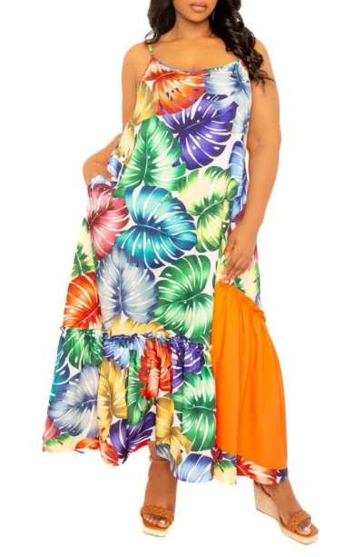 Buxom Couture Palm Print Blocked Maxi Sundress In Orange Multi
