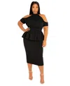 Buxom Couture Plus Size Cut-out Shoulder Peplum Midi Dress In Black