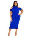Buxom Couture Plus Size Cut-out Shoulder Peplum Midi Dress In Royal Blue