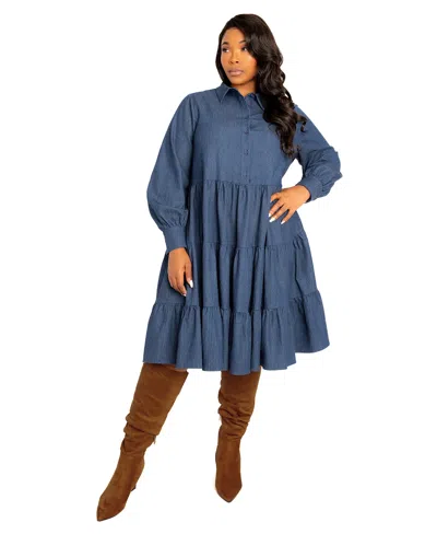 Buxom Couture Plus Size Denim Long Sleeve Tiered Shirt Dress In Denim Blue