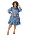 Buxom Couture Plus Size Floral Long Sleeve Tiered Shirt Dress In Teal Multi