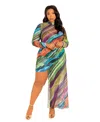 Buxom Couture Plus Size Printed Asymmetrical Long Sleeve Mesh Dress In Multi