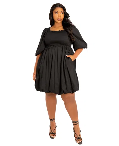 Buxom Couture Plus Size Smocked Puff Sleeve Bubbled Dress In Black
