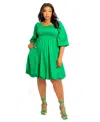 Buxom Couture Plus Size Smocked Puff Sleeve Bubbled Dress In Green