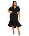 Buxom Couture Wrap Front Flounce Hem High-low Mermaid Midi Dress In Black