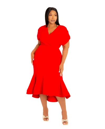 BUXOM COUTURE PLUS SIZE V-NECK FLOUNCE HEM MIDI DRESS