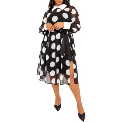 Buxom Couture Polka Dot Long Sleeve Chiffon Shirtdress In Black