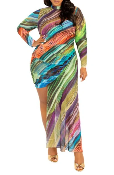 Buxom Couture Print Asymmetric Long Sleeve Mesh Midi Dress In Multi