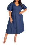 BUXOM COUTURE BUXOM COUTURE PUFF SLEEVE DENIM MIDI DRESS