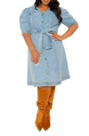 BUXOM COUTURE BUXOM COUTURE PUFF SLEEVE TIE BELT DENIM SHIRTDRESS