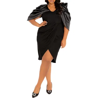 Buxom Couture Satin Drape Sleeve Sheath Dress In Black