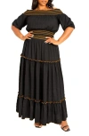 Buxom Couture Smocked Off The Shoulder Puff Sleeve Top & Maxi Skirt Set In Black