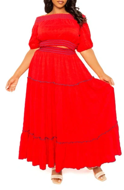 Buxom Couture Smocked Off The Shoulder Puff Sleeve Top & Maxi Skirt Set In Red