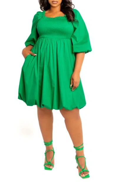 Buxom Couture Plus Size Smocked Puff Sleeve Bubbled Dress In Green