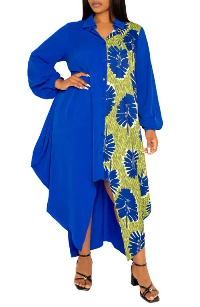Buxom Couture Solid & Print Long Sleeve Asymmetric Maxi Shirtdress In Blue