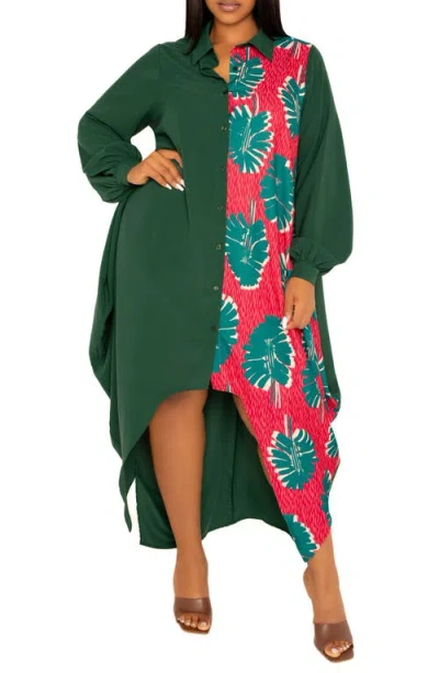 Buxom Couture Solid & Print Long Sleeve Asymmetric Maxi Shirtdress In Multi