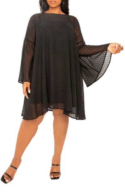 Buxom Couture Swiss Dot Long Sleeve Chiffon Shift Dress In Black