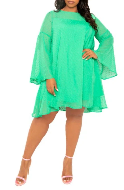 Buxom Couture Swiss Dot Long Sleeve Chiffon Shift Dress In Green