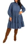 Buxom Couture Plus Size Denim Long Sleeve Tiered Shirt Dress In Denim Blue