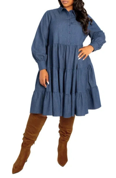 Buxom Couture Plus Size Denim Long Sleeve Tiered Shirt Dress In Denim Blue