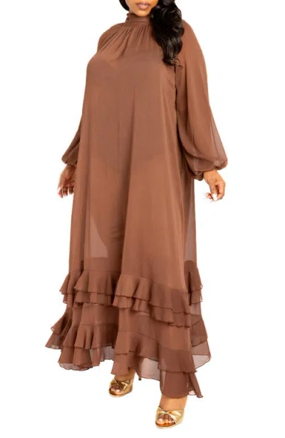 Buxom Couture Tiered Tie Neck Ruffle Gown In Brown
