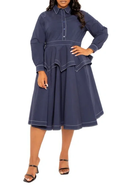 Buxom Couture Topstitched Long Sleeve Peplum Shirtdress In Navy