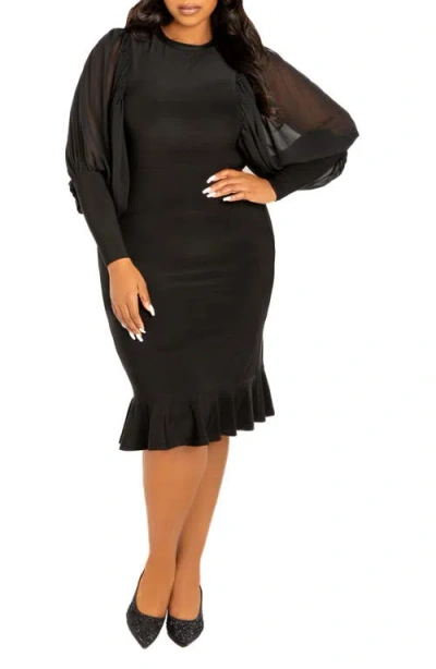 Buxom Couture Volume Sleeve Body-con Dress In Black