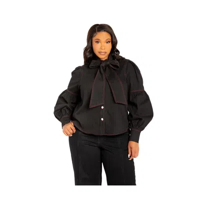 Buxom Couture Women's Plus Size Bow Neck Puff Sleeve Denim Blouse In Denim Black