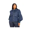 Buxom Couture Bow Neck Puff Shoulder Denim Shirt In Denim Blue