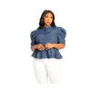Buxom Couture Puff Sleeve Peplum Denim Shirt In Denim Blue
