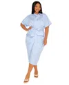 Buxom Couture Women's Plus Size Tie Waist Stripe Shirt Dress In Blue