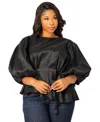 Buxom Couture Tie Waist Voluminous Elbow Sleeve Taffeta Peplum Top In Black