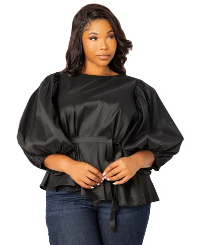 Buxom Couture Women's Tie Waist Voluminous Sleeve Blouse In Black