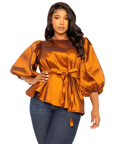 Buxom Couture Women's Tie Waist Voluminous Sleeve Blouse In Brown