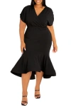 Buxom Couture Wrap Front Flounce Hem High-low Mermaid Midi Dress In Black