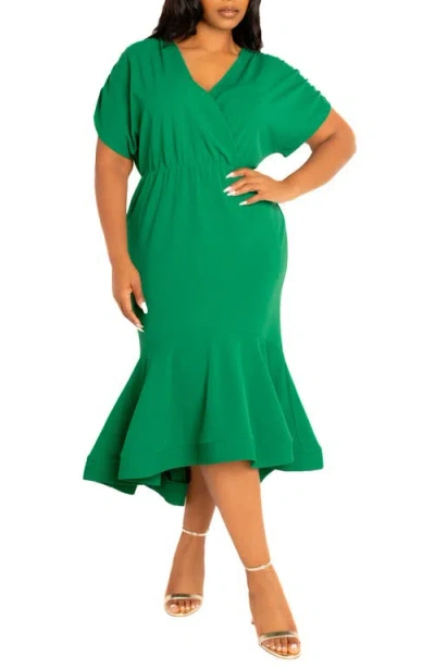 Buxom Couture Wrap Front Flounce Hem High-low Mermaid Midi Dress In Green