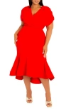 Buxom Couture Wrap Front Flounce Hem High-low Mermaid Midi Dress In Red