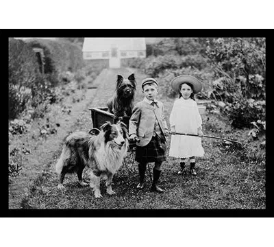 Buyenlarge 'boy And Girls With 2 Dogs And A Wagon' Photographic Print In Black;white