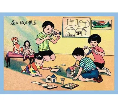 Buyenlarge 'building A Toy House' Painting Print In Blue;beige;pink