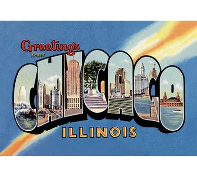 Buyenlarge 'greetings From Chicago Illinios' By Curt Teich Publishers Graphic Art In Blue;brown;yellow