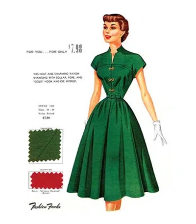 Buyenlarge 'neat And Charming Rayon Shantung With Collar' By Fashion Frocks Vintage Advertisement In Green;orange