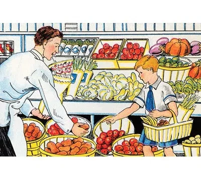 Buyenlarge 'shopping For Vegetables' By Julia Letheld Hahn Painting Print In Blue;green;red
