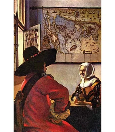 Buyenlarge 'soldier And Girl Smiling' By Johannes Vermeer Painting Print In Brown;gray;red