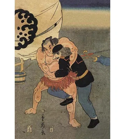 Buyenlarge Sumo Wrestler Takes On A Foreigner Painting Print In Brown