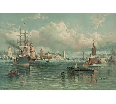 Buyenlarge 'view Of New York Harbor With Brooklyn Bridge In Background' Painting Print In Blue;brown