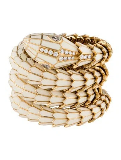 Pre-owned Bvlgari 18k Diamond & Enamel Serpenti Bracelet, 6.75" In White