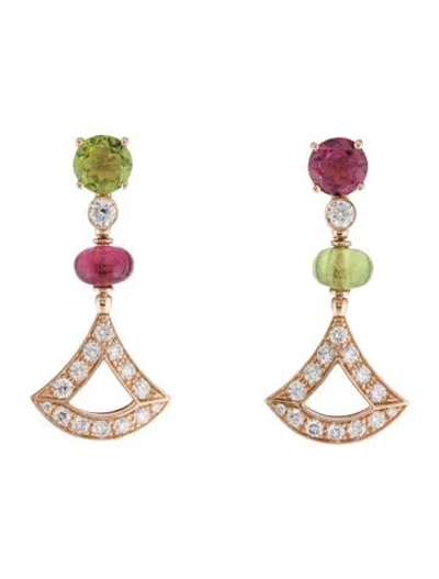 Pre-owned Bvlgari 18k Diamond, Peridot & Rubellite Divas' Dream Drop Earrings In Multi