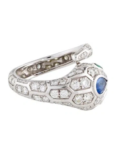 Pre-owned Bvlgari 18k Diamond, Sapphire & Emerald Serpenti Seduttori Cocktail Ring In Multi