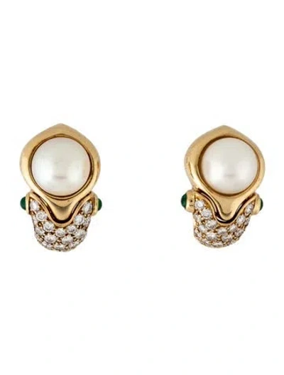 Pre-owned Bvlgari 18k Emerald, Pearl & Diamond Earclips In Multi